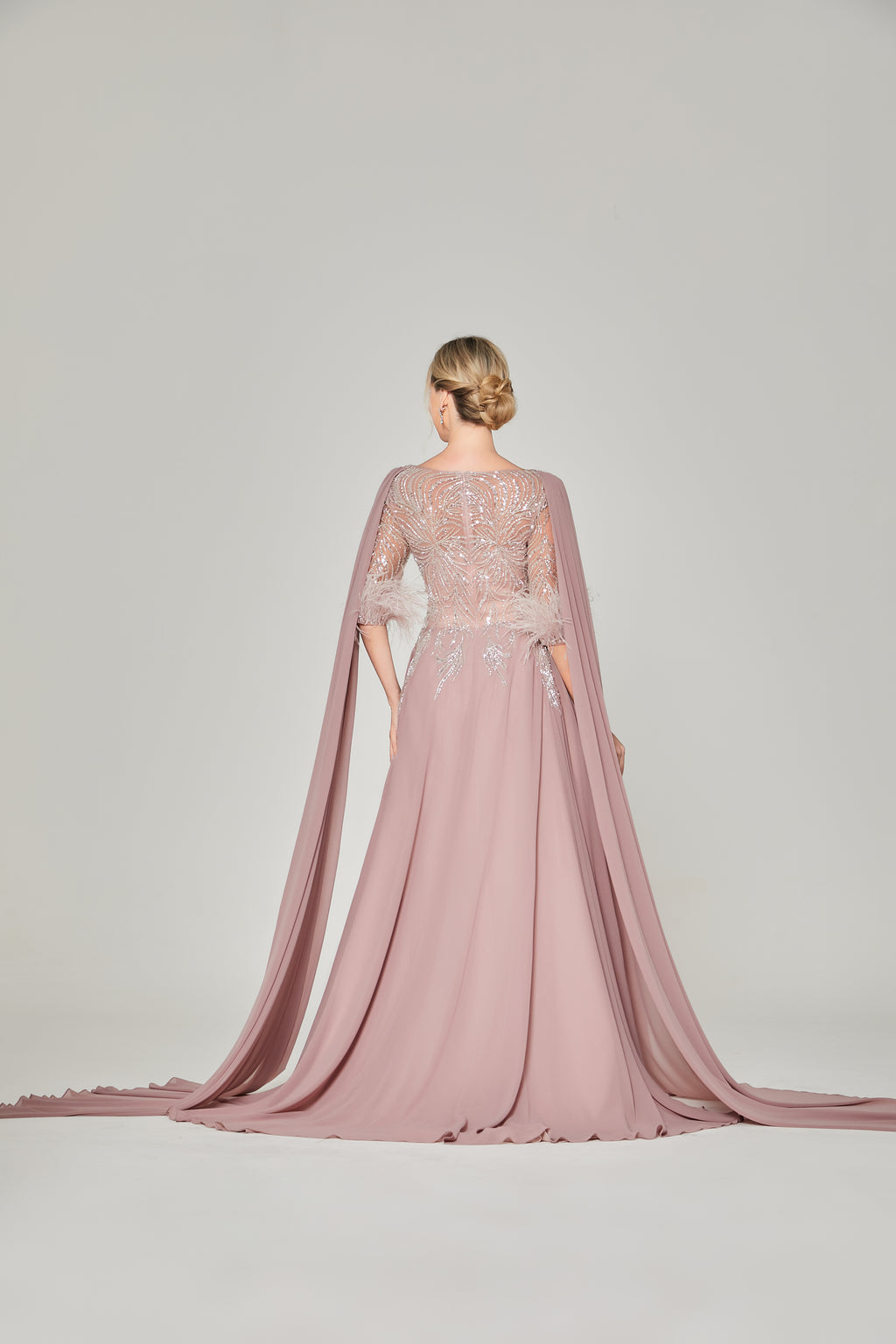 Wholesale Blush Feather-Sleeve Beaded Mother-of-the-Bride Gown ks035