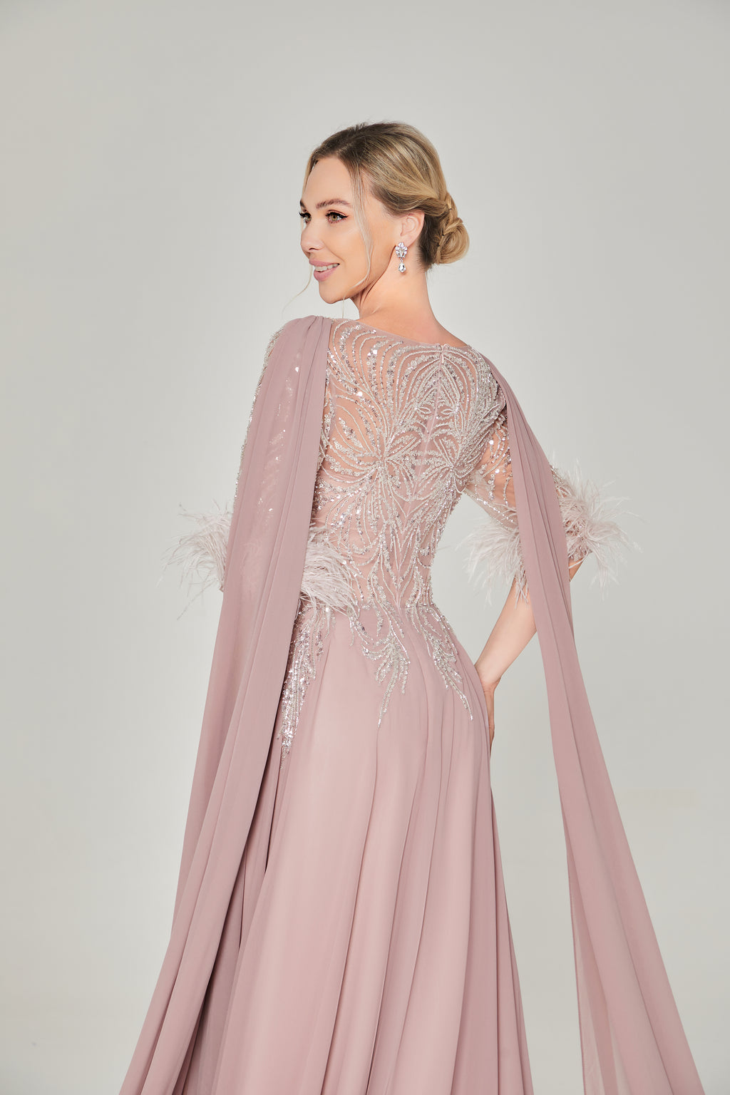 Wholesale Blush Feather-Sleeve Beaded Mother-of-the-Bride Gown ks035