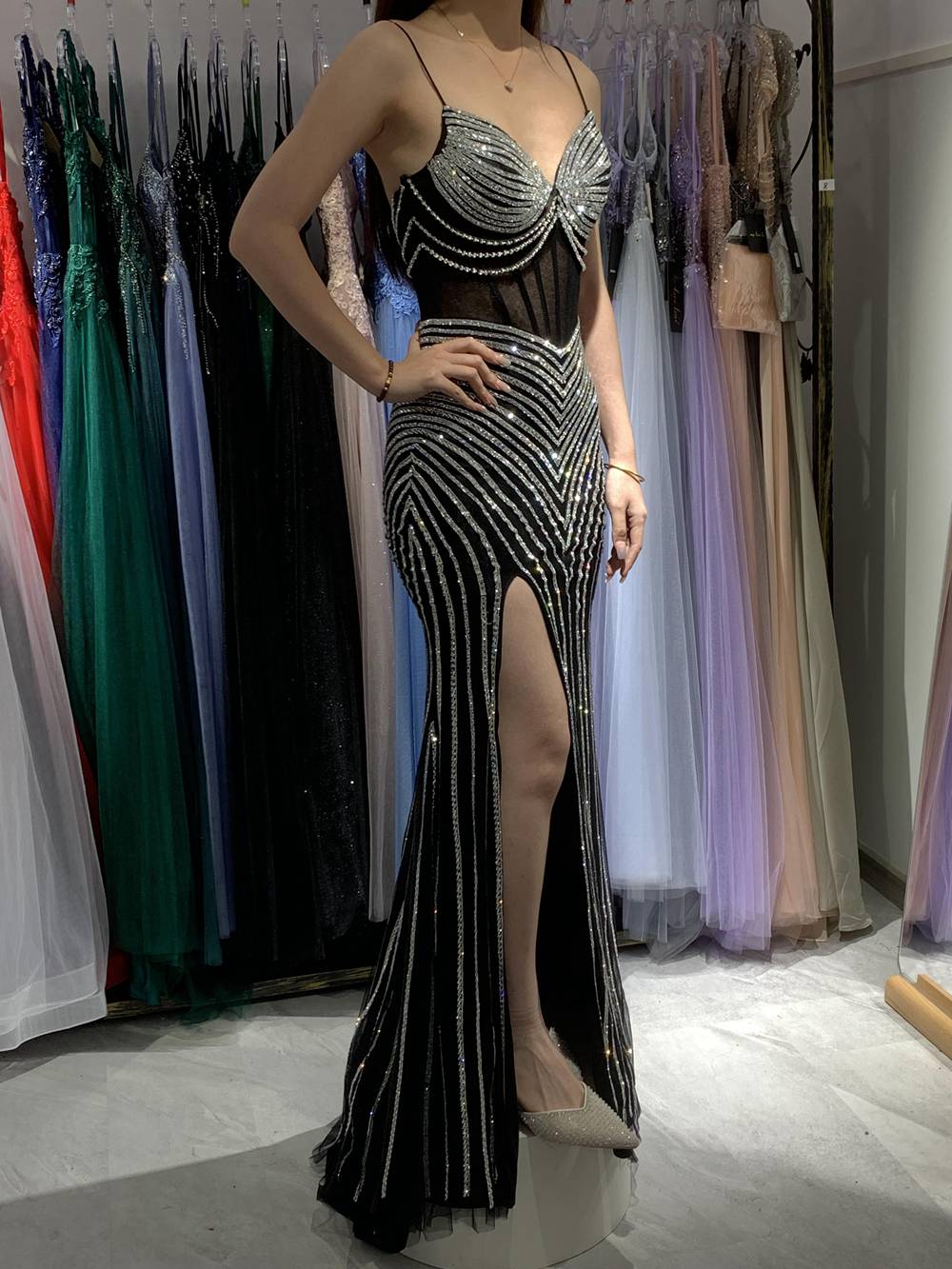 Glamorous Striped Rhinestone Mermaid Prom Dress Wholesale 33053