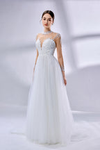Wholesale High - Neck Sheer Sleeve Embroidered Tulle Wedding Dress 3344