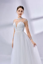 Wholesale High - Neck Sheer Sleeve Embroidered Tulle Wedding Dress 3344