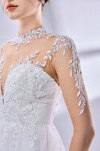 Wholesale High - Neck Sheer Sleeve Embroidered Tulle Wedding Dress 3344