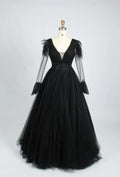 Feather Trim V Neck Long Sleeve Black Mother of the Bride Dress KS010B