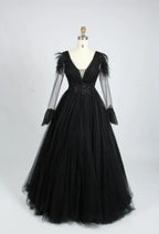 Feather Trim V Neck Long Sleeve Black Mother of the Bride Dress KS010B