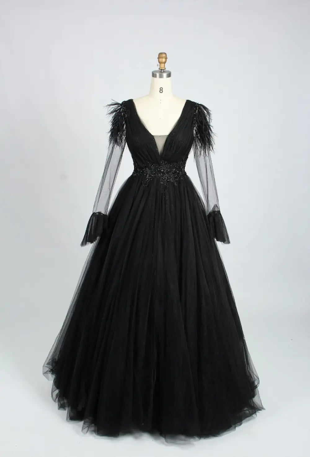 Feather Trim V Neck Long Sleeve Black Mother of the Bride Dress KS010B