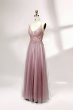 Blush pink tulle prom dress with beaded sheer bodice, V-neck, criss-cross back & flowing skirt. Elegant, dreamy design—perfect for bulk premium partywear stock.03
