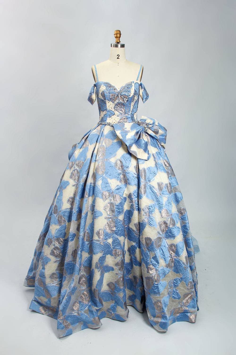 Wholesale Blue Butterfly Jacquard Quinceañera Dress Bow Waist Brocade Ball Gown KT1366