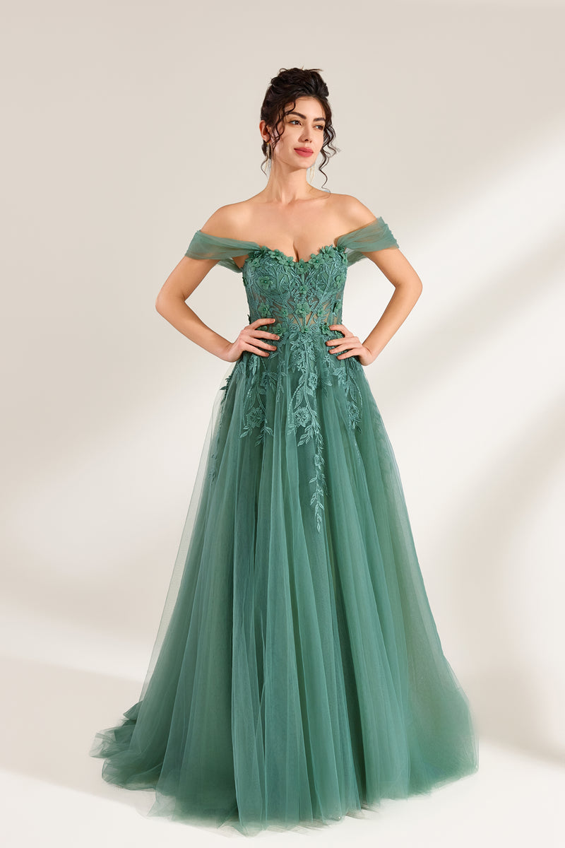 photograph of beautiful woman, elegant off-shoulder green gown, intricate lace details, long flowing tulle skirt, dark curly hair, red lipstick, hands on hips, neutral background, soft lighting, full body shot, fashion photography, classic style, sophisticated, glamorous, high-end fashion, detailed embroidery, smooth fabric texture, poised stance, serene expression, elegant atmosphere.32485c-1b-01