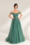 photograph of beautiful woman, elegant off-shoulder green gown, intricate lace details, long flowing tulle skirt, dark curly hair, red lipstick, hands on hips, neutral background, soft lighting, full body shot, fashion photography, classic style, sophisticated, glamorous, high-end fashion, detailed embroidery, smooth fabric texture, poised stance, serene expression, elegant atmosphere.32485c-1b-01
