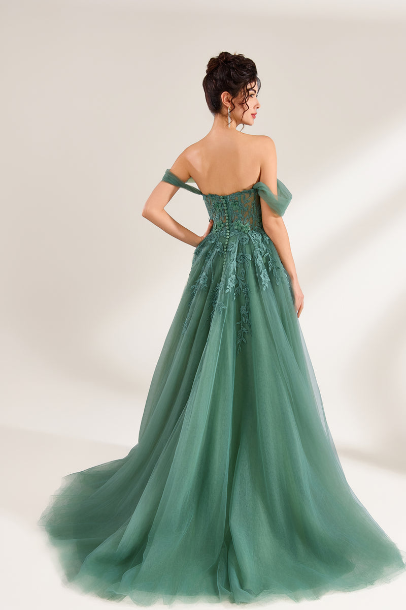 photo of woman in elegant green ball gown, back view, off-shoulder dress, long flowing skirt, intricate lace details, dark hair in elegant updo, pearl earrings, standing against plain white background, soft lighting, studio setting, classy and sophisticated, high-quality fashion photography, no other objects or people, minimalistic background, focus on dress and woman's posture.V