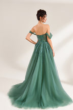 photo of woman in elegant green ball gown, back view, off-shoulder dress, long flowing skirt, intricate lace details, dark hair in elegant updo, pearl earrings, standing against plain white background, soft lighting, studio setting, classy and sophisticated, high-quality fashion photography, no other objects or people, minimalistic background, focus on dress and woman's posture.V