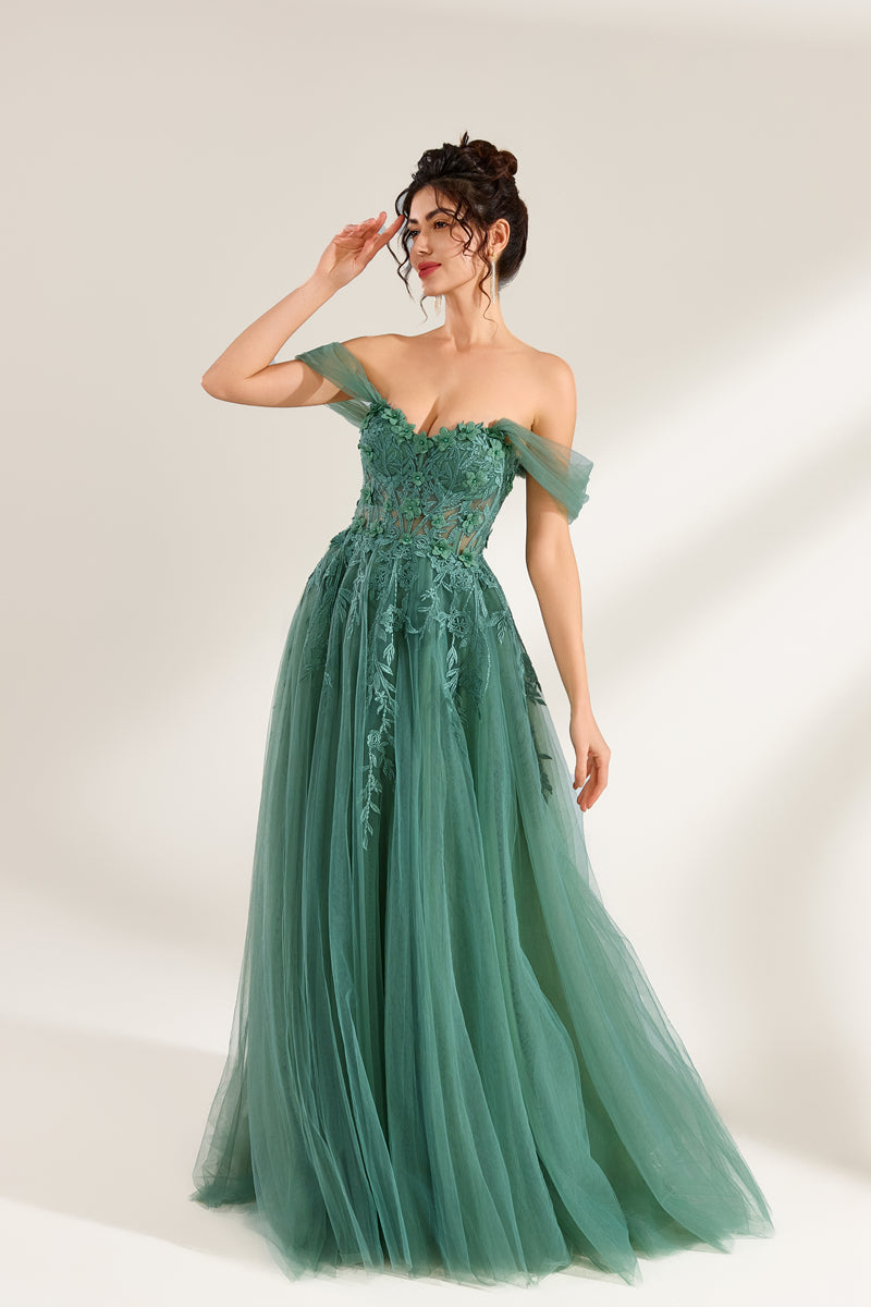 photograph of beautiful woman, elegant off-shoulder green gown, intricate lace details, long flowing tulle skirt, dark curly hair, red lipstick, hands on hips, neutral background, soft lighting, full body shot, fashion photography, classic style, sophisticated, glamorous, high-end fashion, detailed embroidery, smooth fabric texture, poised stance, serene expression, elegant atmosphere.32485c-1b-03