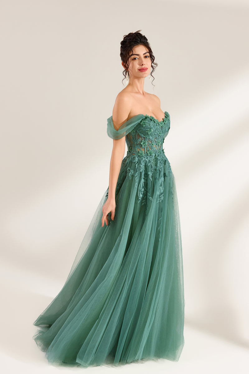 photograph of beautiful woman, elegant off-shoulder green gown, intricate lace details, long flowing tulle skirt, dark curly hair, red lipstick, hands on hips, neutral background, soft lighting, full body shot, fashion photography, classic style, sophisticated, glamorous, high-end fashion, detailed embroidery, smooth fabric texture, poised stance, serene expression, elegant atmosphere.32485c-1b-04