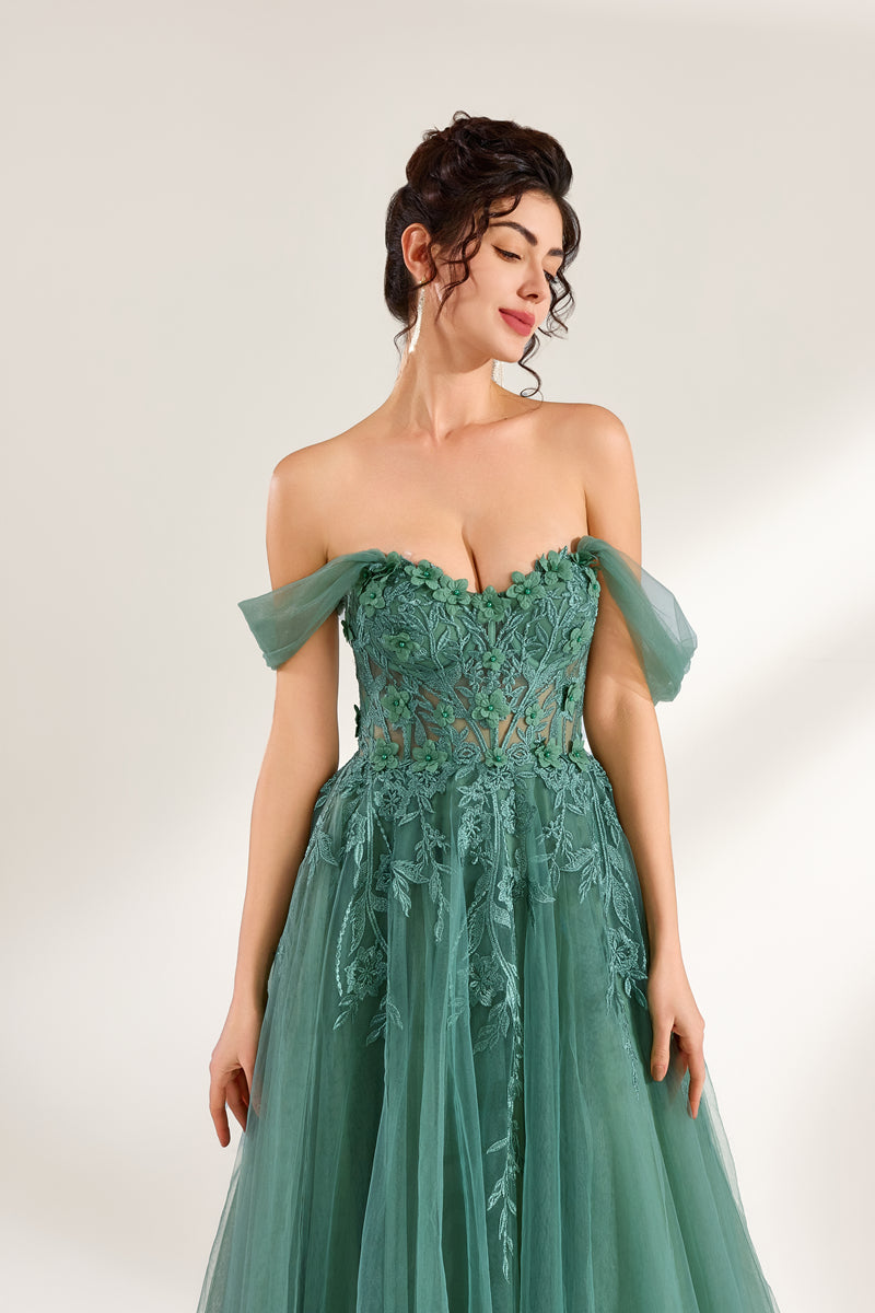 photograph of beautiful woman, elegant off-shoulder green gown, intricate lace details, long flowing tulle skirt, dark curly hair, red lipstick, hands on hips, neutral background, soft lighting, full body shot, fashion photography, classic style, sophisticated, glamorous, high-end fashion, detailed embroidery, smooth fabric texture, poised stance, serene expression, elegant atmosphere.32485c-1b-05