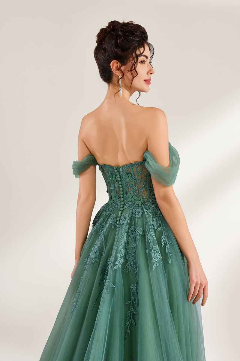 photo of woman in elegant green ball gown, back view, off-shoulder dress, long flowing skirt, intricate lace details, dark hair in elegant updo, pearl earrings, standing against plain white background, soft lighting, studio setting, classy and sophisticated, high-quality fashion photography, no other objects or people, minimalistic background, focus on dress and woman's posture.32485c-1b-06