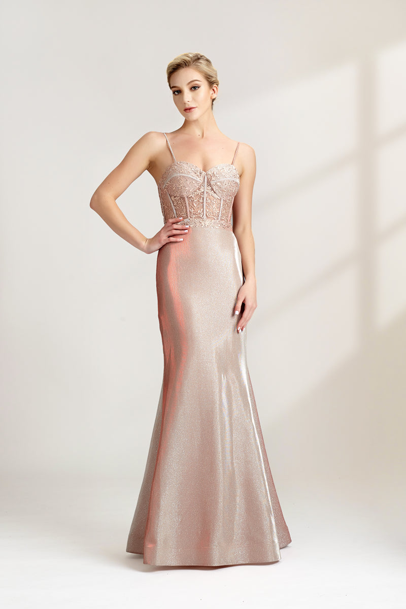 A photograph of a slender, fair-skinned woman with short blonde hair, wearing a floor-length, shimmering silver gown with a lace bodice and spaghetti straps. She stands confidently against a plain white background with soft, diffused light casting subtle shadows. The gown features a flattering, form-fitting silhouette.32547.05