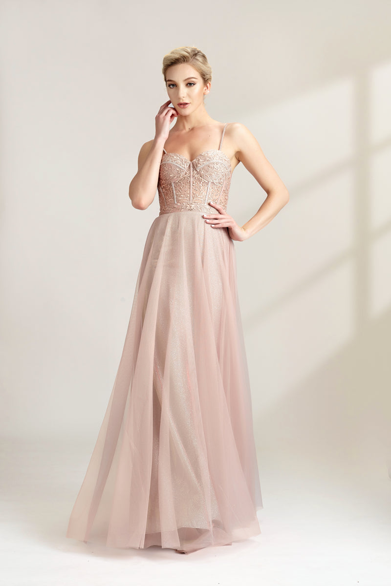 Photograph of a slim, fair-skinned woman with short blonde hair styled in a sleek updo. She wears a floor-length, light pink, sheer tulle gown with intricate lace detailing on the bodice. The gown has spaghetti straps and a sweetheart neckline. She stands against a plain white background, casting soft shadows. The overall aesthetic is elegant and sophisticated.32547b.01