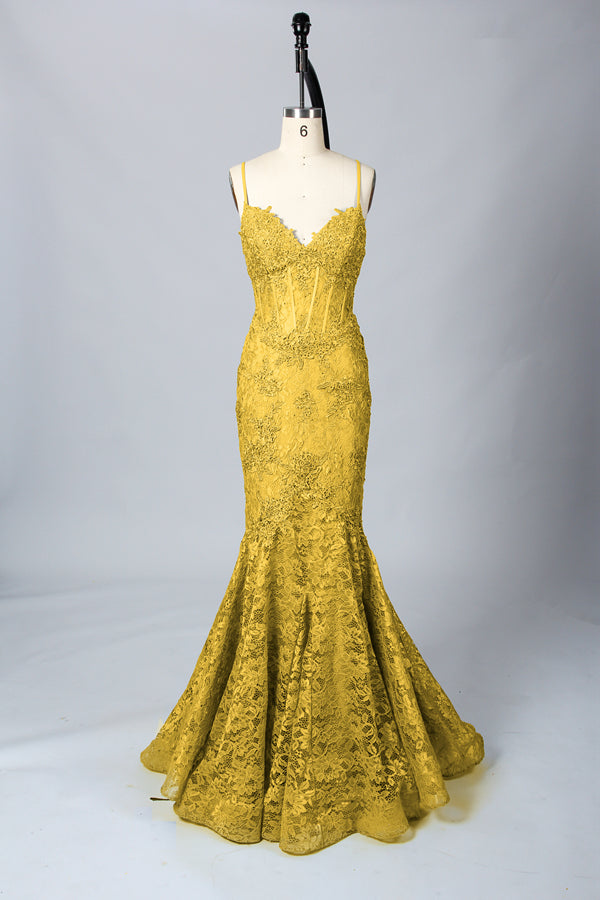Wholesale V-Neck Lace Mermaid  Evening Gown 32551 yellow