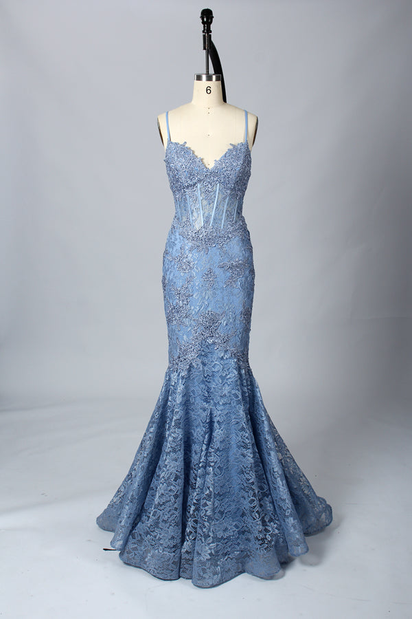 Wholesale V-Neck Lace Mermaid  Evening Gown 32551 blue