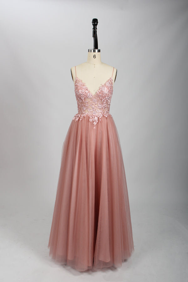 A woman stands against a light background, wearing a pink tulle gown. It has thin straps, a deep V - neckline, and a voluminous skirt. The bodice features delicate floral lace embroidery, combining romance and elegance. Perfect for formal events like weddings or proms, it exudes charm.7