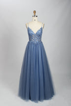 A woman stands against a light background, wearing a pink tulle gown. It has thin straps, a deep V - neckline, and a voluminous skirt. The bodice features delicate floral lace embroidery, combining romance and elegance. Perfect for formal events like weddings or proms, it exudes charm.8 
