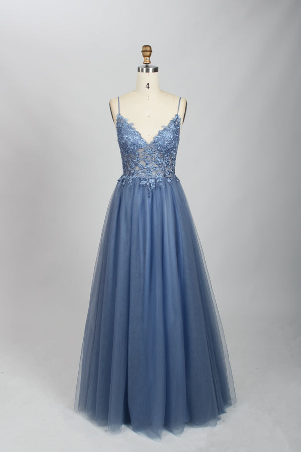 A woman stands against a light background, wearing a pink tulle gown. It has thin straps, a deep V - neckline, and a voluminous skirt. The bodice features delicate floral lace embroidery, combining romance and elegance. Perfect for formal events like weddings or proms, it exudes charm.8 