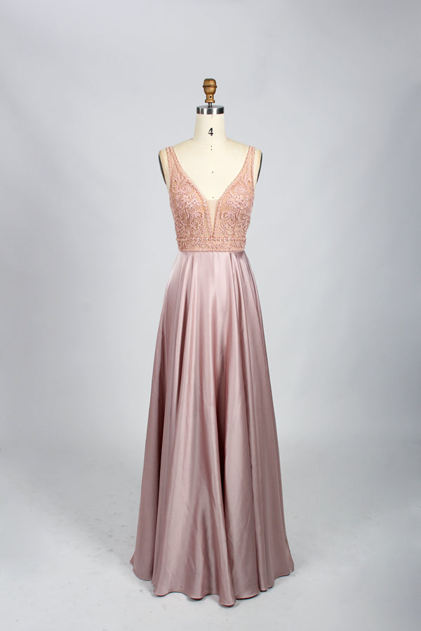 photo of elegant ball gown, model on dress form, light pink satin, sleeveless, deep V-neckline, intricate beaded lace detail on bodice, floor-length, smooth fabric, soft lighting, neutral gray background, simple and chic, fashion photography, 3267 watermark in top right corner, high-quality, detailed texture, no people, fashion show vibe, sophisticated and classy