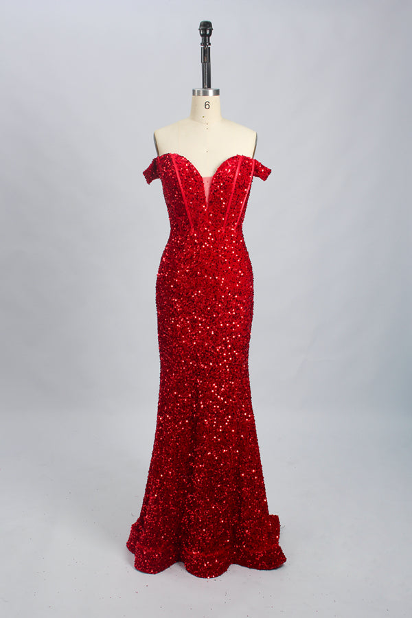 photograph of a mannequin wearing a stunning red sequined evening gown, off-the-shoulder design, fitted bodice with sweetheart neckline, long flowing skirt, elegant and glamorous, background is plain white, studio lighting, no other objects or people in the scene, fashion, haute couture, high-quality fabric, luxurious, sophisticated style, full-body shot, centered composition