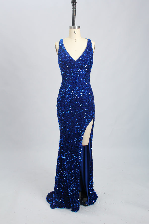 photo of mannequin wearing elegant blue sequin gown, sleeveless, V-neckline, high slit on right leg, floor-length, standing on a white background, simple studio setting, no accessories, smooth skin texture, soft lighting, no visible seams, formal attire, fashion model display, fashion photography, high-end evening wear, luxurious fabric, shiny texture, glamorous look, full body shot, no background distractions
