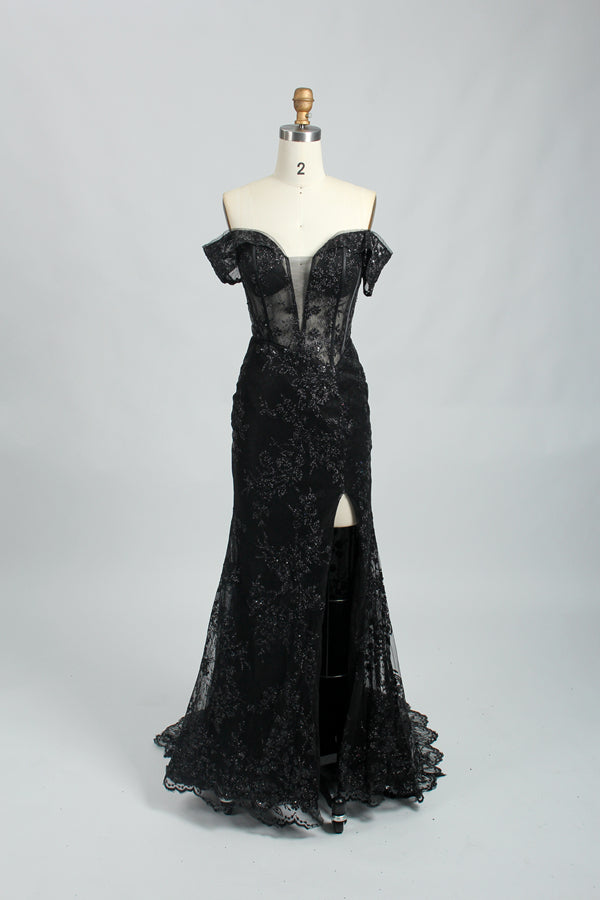 photograph, mannequin, elegant black lace evening gown, off-shoulder design, deep V-neck, fitted bodice, long flowing skirt, thigh-high slit, glossy black high heels, simple grey studio background, fashion photography, elegant and sophisticated style, high-quality fabric, intricate lace pattern, classic and timeless look, no visible accessories, centered composition, neutral lighting, focus on dress details, no people, clean and minimalistic setting