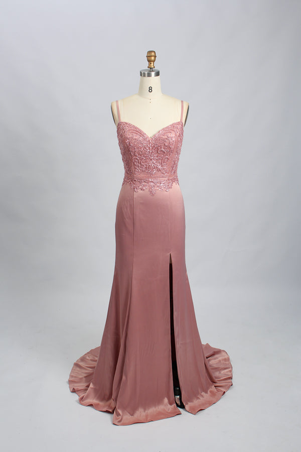 photograph of elegant evening gown on mannequin, light pink satin fabric, deep V-neckline, intricate lace detailing on bust, fitted bodice, floor-length skirt with high slit, subtle sparkle in fabric, neutral grey background, mannequin head and torso, no accessories, soft lighting, fashion photography, high-end fashion, luxury attire, bridal or formal wear