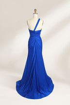 Royal blue one-shoulder prom dress with mermaid cut, side slit & ruching. A sleek, elegant pick for formalwear—perfect for bulk orders & party collections.