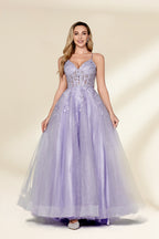 beautiful woman, standing, full-body shot, elegant, long blonde hair, light skin tone, smiling, wearing a sparkly lavender gown, fitted bodice, lace detailing, layered tulle skirt, holding hands, neutral background, studio lighting, soft shadows, formal wear, photograph, fashion, glamorous, high-quality image, dress has a sweetheart neckline, dress has spaghetti straps, dress has a high slit, dress has a train.32814-01