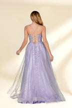 beautiful woman, standing, full-body shot, elegant, long blonde hair, light skin tone, smiling, wearing a sparkly lavender gown, fitted bodice, lace detailing, layered tulle skirt, holding hands, neutral background, studio lighting, soft shadows, formal wear, photograph, fashion, glamorous, high-quality image, dress has a sweetheart neckline, dress has spaghetti straps, dress has a high slit, dress has a train.32814-02