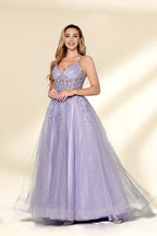 beautiful woman, standing, full-body shot, elegant, long blonde hair, light skin tone, smiling, wearing a sparkly lavender gown, fitted bodice, lace detailing, layered tulle skirt, holding hands, neutral background, studio lighting, soft shadows, formal wear, photograph, fashion, glamorous, high-quality image, dress has a sweetheart neckline, dress has spaghetti straps, dress has a high slit, dress has a train.32814-03