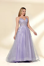 beautiful woman, standing, full-body shot, elegant, long blonde hair, light skin tone, smiling, wearing a sparkly lavender gown, fitted bodice, lace detailing, layered tulle skirt, holding hands, neutral background, studio lighting, soft shadows, formal wear, photograph, fashion, glamorous, high-quality image, dress has a sweetheart neckline, dress has spaghetti straps, dress has a high slit, dress has a train.32814-04