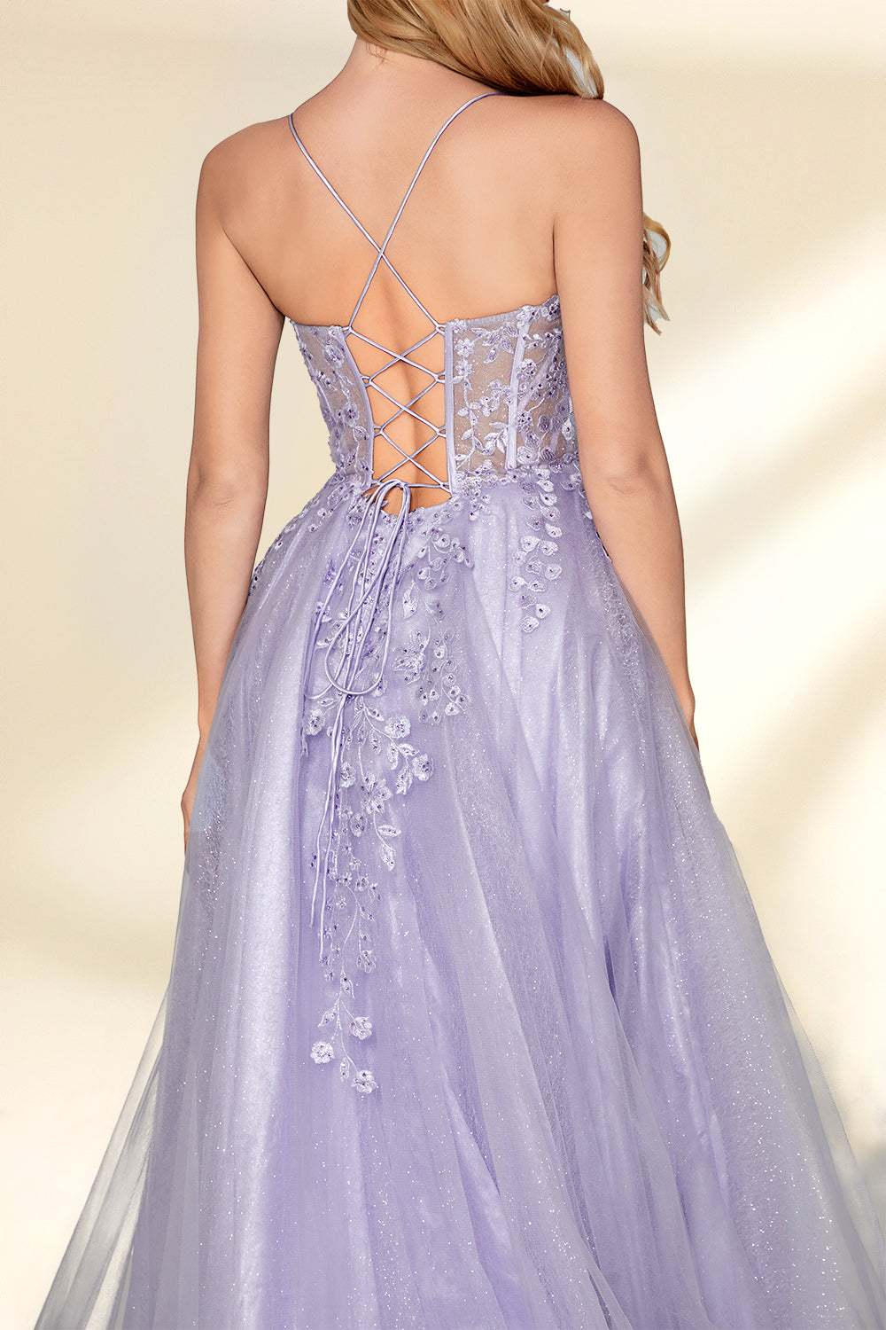 beautiful woman, standing, full-body shot, elegant, long blonde hair, light skin tone, smiling, wearing a sparkly lavender gown, fitted bodice, lace detailing, layered tulle skirt, holding hands, neutral background, studio lighting, soft shadows, formal wear, photograph, fashion, glamorous, high-quality image, dress has a sweetheart neckline, dress has spaghetti straps, dress has a high slit, dress has a train.32814-06