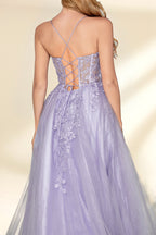 beautiful woman, standing, full-body shot, elegant, long blonde hair, light skin tone, smiling, wearing a sparkly lavender gown, fitted bodice, lace detailing, layered tulle skirt, holding hands, neutral background, studio lighting, soft shadows, formal wear, photograph, fashion, glamorous, high-quality image, dress has a sweetheart neckline, dress has spaghetti straps, dress has a high slit, dress has a train.32814-06