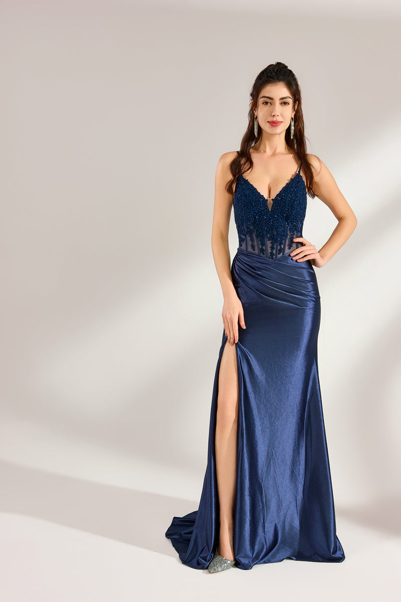 photo of beautiful woman, long brown hair, wearing elegant navy blue satin dress, deep V-neck, lace details, thigh-high slit, standing confidently, white studio background, soft lighting, relaxed pose, hand on hip, red lipstick, glamorous, fashion, elegant, sophisticated, full-length shot, simple background, no accessories, formal wear, evening gown, stylish, feminine, modern, chic, high-quality, professional photography.32875-01