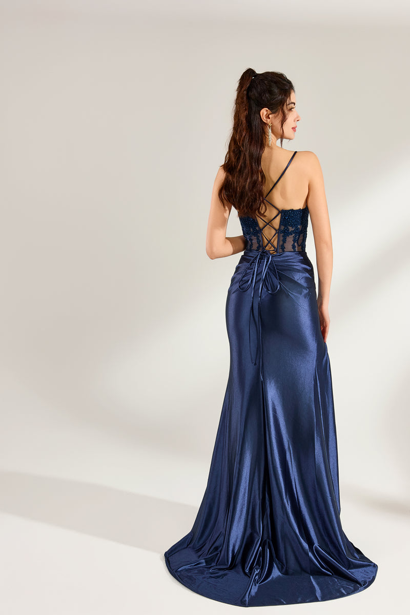 photo of a woman in a long, elegant navy blue satin dress with a lace-up back, standing against a plain white background, dark hair in a high ponytail, slim figure, light skin, soft lighting, full-length, back view, elegant and sophisticated, no accessories, simple and classy, fashion photography, studio setting, minimalistic background, serene and graceful, feminine and stylish, high quality.32875-02