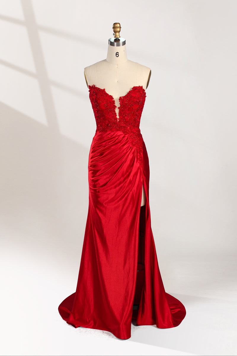 photograph of a mannequin wearing a stunning red ball gown, strapless, lace bodice, flowing satin skirt, thigh-high slit, elegant and classy, white background, soft shadows, mannequin head labeled "6", fashion photography, high fashion, luxurious fabric, detailed lacework, feminine and sophisticated style, no other objects or people, minimalistic setting, clear and sharp image.32978-01
