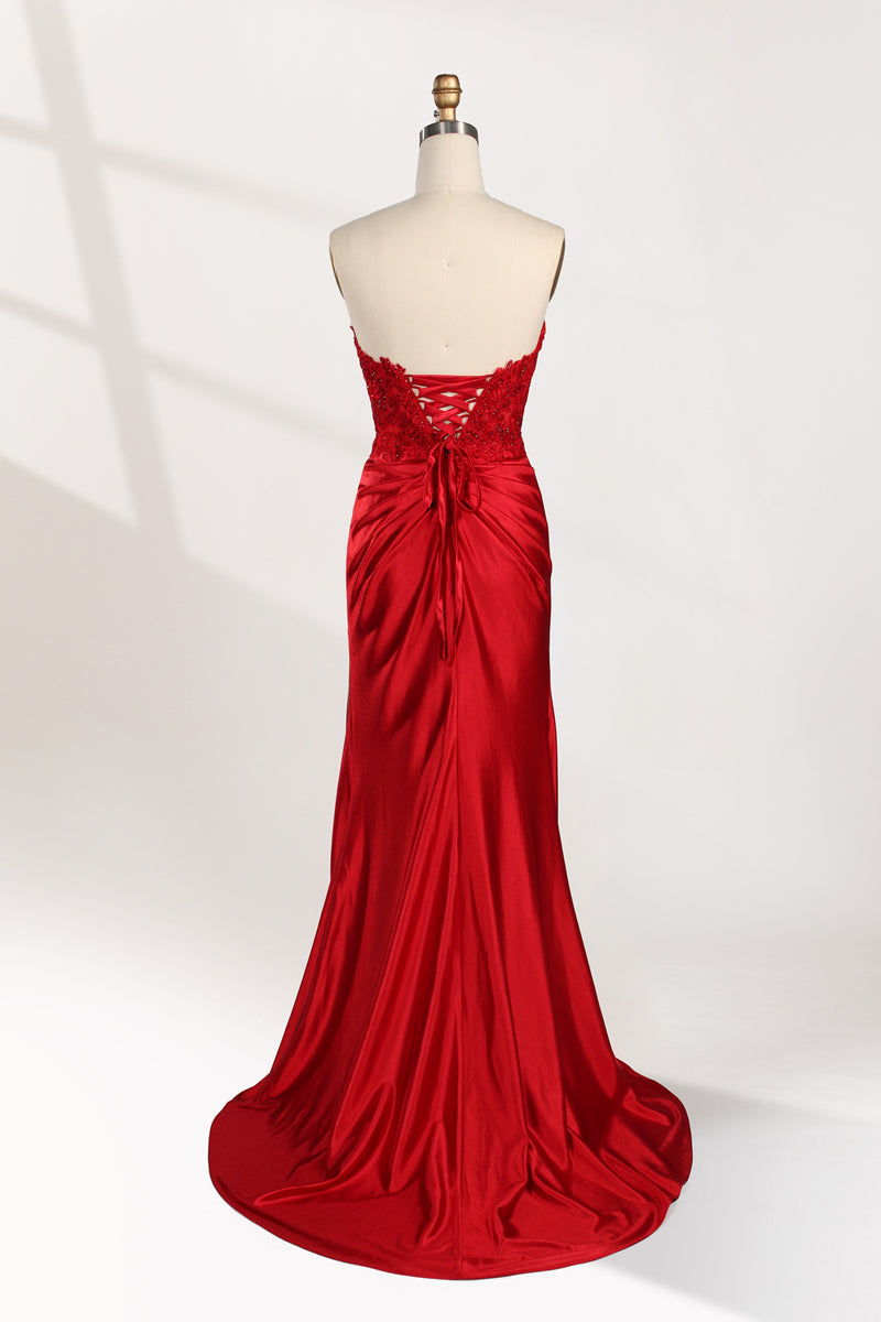 photograph of a mannequin wearing a stunning red ball gown, strapless, lace bodice, flowing satin skirt, thigh-high slit, elegant and classy, white background, soft shadows, mannequin head labeled "6", fashion photography, high fashion, luxurious fabric, detailed lacework, feminine and sophisticated style, no other objects or people, minimalistic setting, clear and sharp image.32978-02