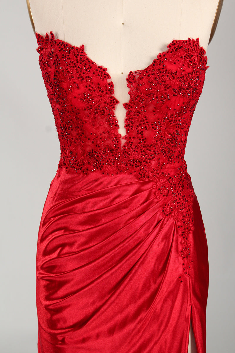 photograph of a mannequin wearing a stunning red ball gown, strapless, lace bodice, flowing satin skirt, thigh-high slit, elegant and classy, white background, soft shadows, mannequin head labeled "6", fashion photography, high fashion, luxurious fabric, detailed lacework, feminine and sophisticated style, no other objects or people, minimalistic setting, clear and sharp image.32978-03