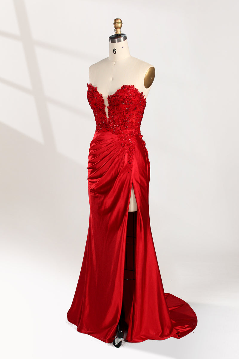 photograph of a mannequin wearing a stunning red ball gown, strapless, lace bodice, flowing satin skirt, thigh-high slit, elegant and classy, white background, soft shadows, mannequin head labeled "6", fashion photography, high fashion, luxurious fabric, detailed lacework, feminine and sophisticated style, no other objects or people, minimalistic setting, clear and sharp image.32978-04