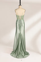 photograph of elegant floor-length evening gown, pastel mint green color, lace bodice with intricate floral patterns, fitted bodice with sweetheart neckline, high slit on right side, smooth satin fabric, model mannequin with neutral expression, studio setting, soft natural lighting, beige background, fashion photography, no accessories, focus on dress details, no people, simple and classy, high-end fashion, luxury, sophistication.33020-05