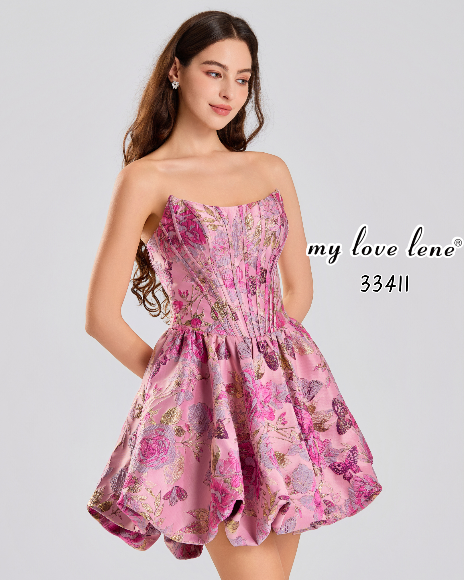 Wholesale Pink Floral Brocade Strapless Homecoming Dress 33411