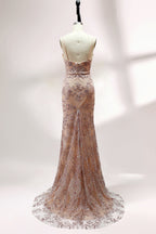 Presented on a mannequin is a blush - hued mermaid - cut gown. It features thin straps, a deep V - neckline, and is adorned with elaborate lace embroidery and sparkling accents. The sophisticated design exudes a glamorous and romantic charm, ideal for formal occasions such as proms or weddings.2