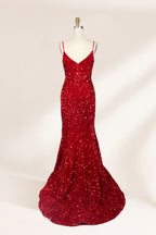 photograph of a mannequin wearing a red sequin evening gown, full-length, floor-length, sleeveless, V-neck, fitted bodice, flared skirt, glossy texture, elegant, glamorous, fashion, studio lighting, white background, soft shadows, high-end fashion, no accessories, no jewelry, no shoes, no face, no hair, no makeup, no background details, simple composition, focus on dress, no people, no textures, no patterns, no objects.02