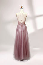 Blush pink tulle prom dress with beaded sheer bodice, V-neck, criss-cross back & flowing skirt. Elegant, dreamy design—perfect for bulk premium partywear stock.02