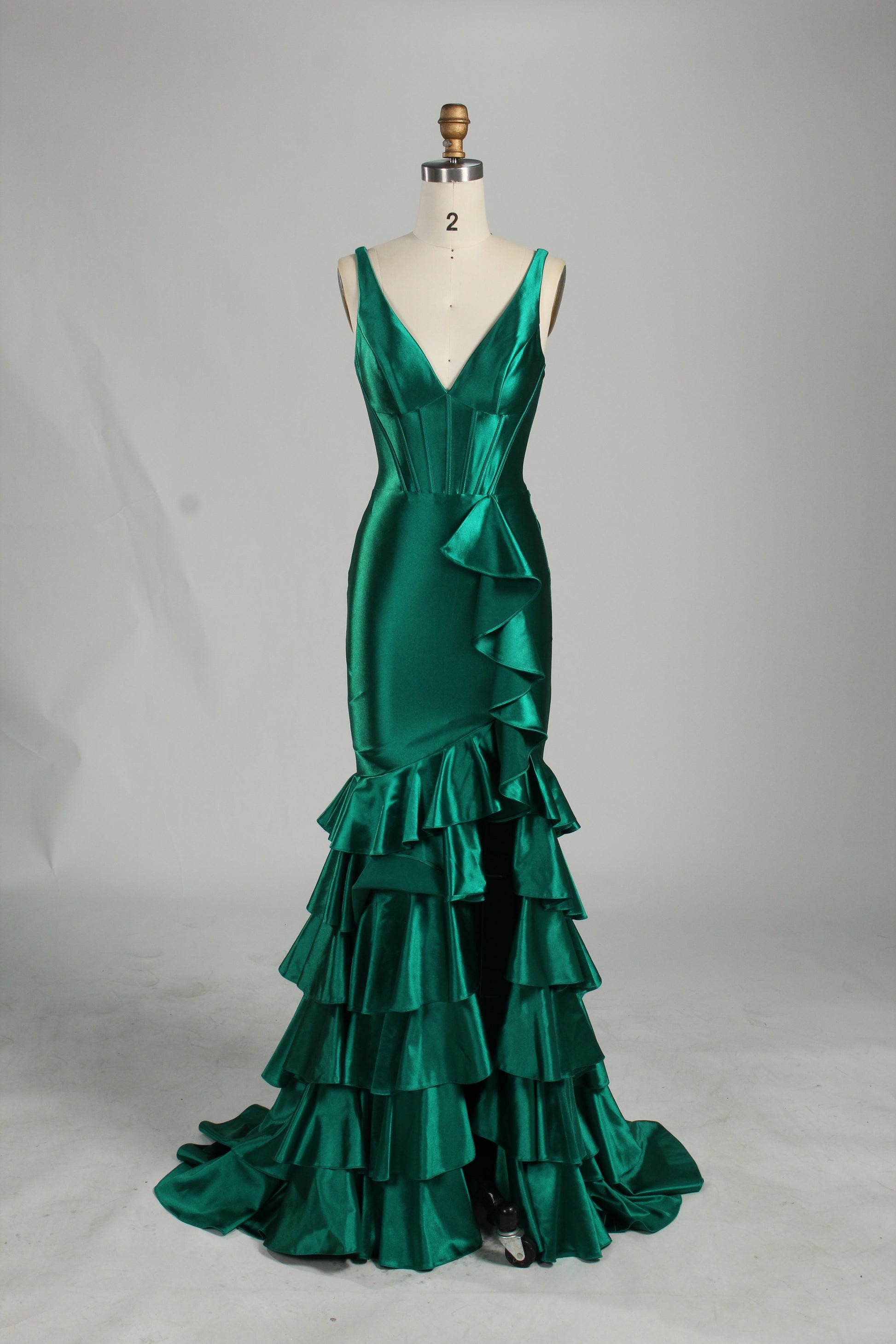 Wholesale Emerald Green Satin Ruffled Mermaid Prom Dress 33255